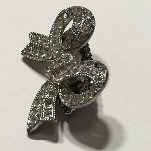Vintage Bow Ribbon Rhinestone Stretchable Silver Tone Ring - Picture 3 of 8